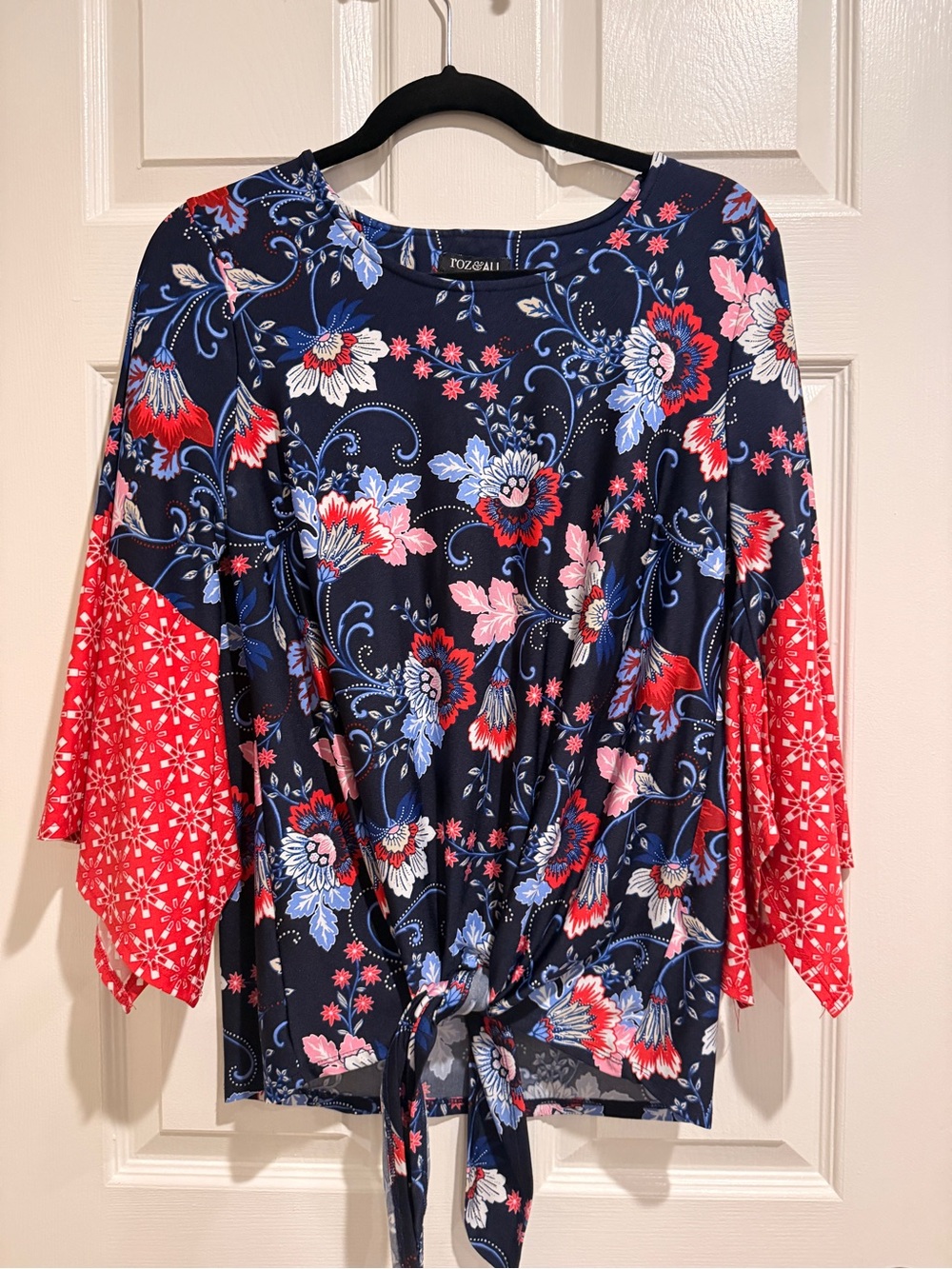 Roz & Ali Navy Floral Mixed Print Tie Front Bell Sleeve Top Size M